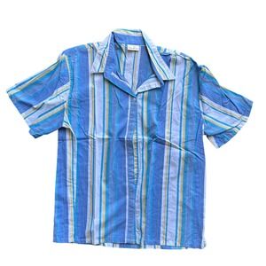 Vintage Peter Pan Blue Yellow Striped Button Down Short Sleeve Shirt Large